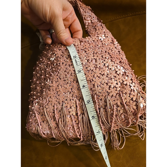 NWT Pink Floral Viral Beaded Fringe Handcrafted Made India Womans Purse Handbag - Picture 5 of 6